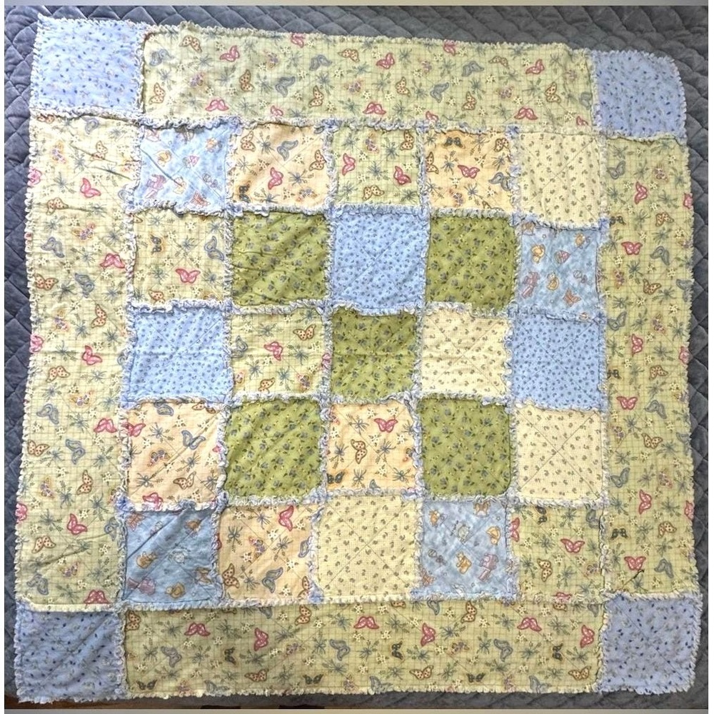 VTG 2004 Quilt Handmade Patchwork Baby Blanket Pastel Blue Yellow 48"x48" Cozy